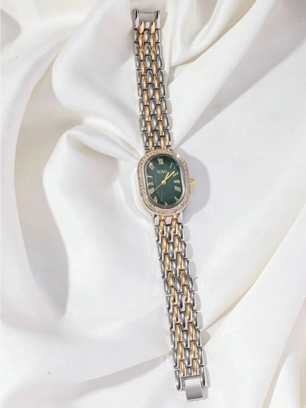 Elegant Two-Tone Crystal Bezel Oval Women’s Watch – Green Dial